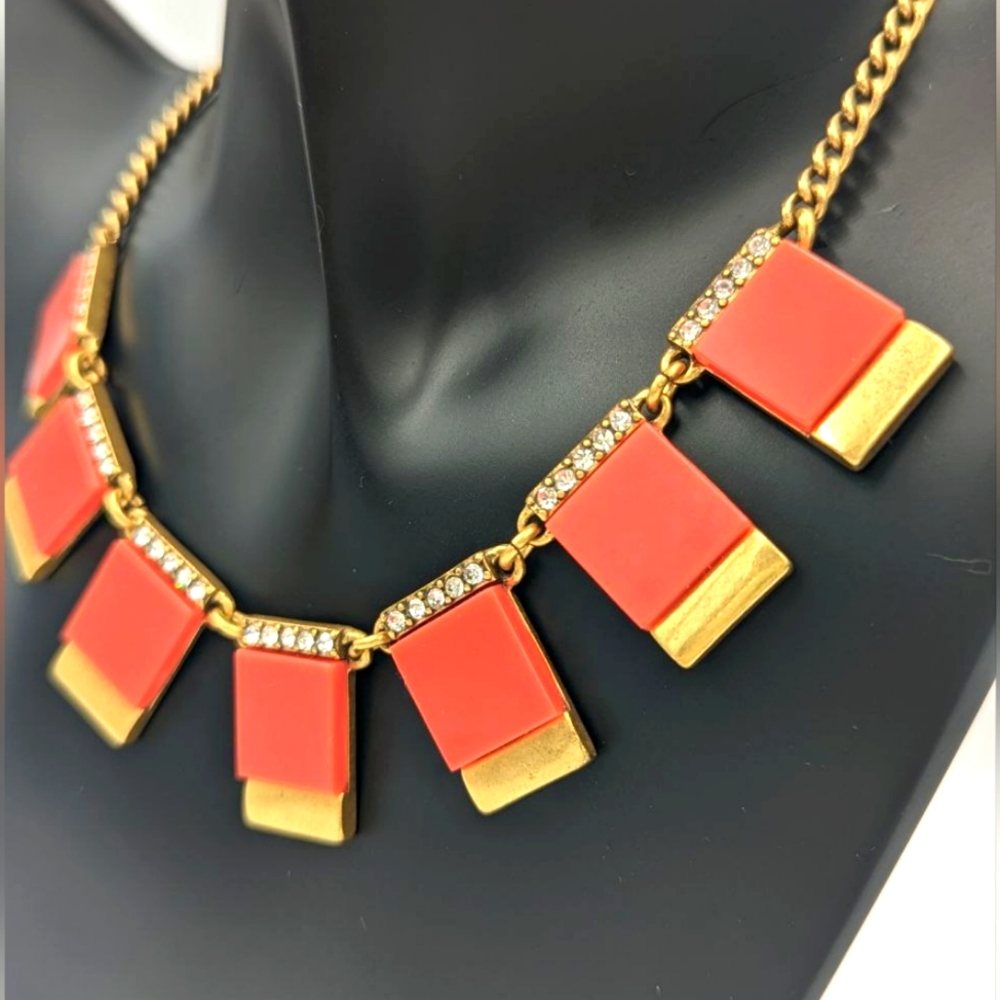Beautiful J. Crew Statement Necklace with red orange pop color Art deco style